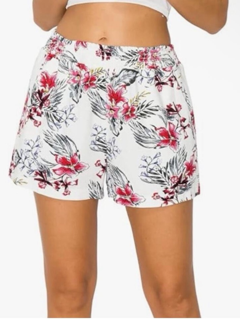 Floral White Elastic-Waist Bermuda Shorts with Pink Blossom Print